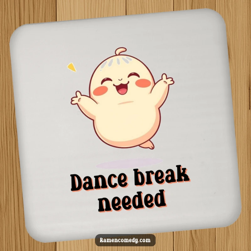 Funny Drink Coaster set decorated with a jubilant dumpling character performing a dance, adding humor to beverage service.