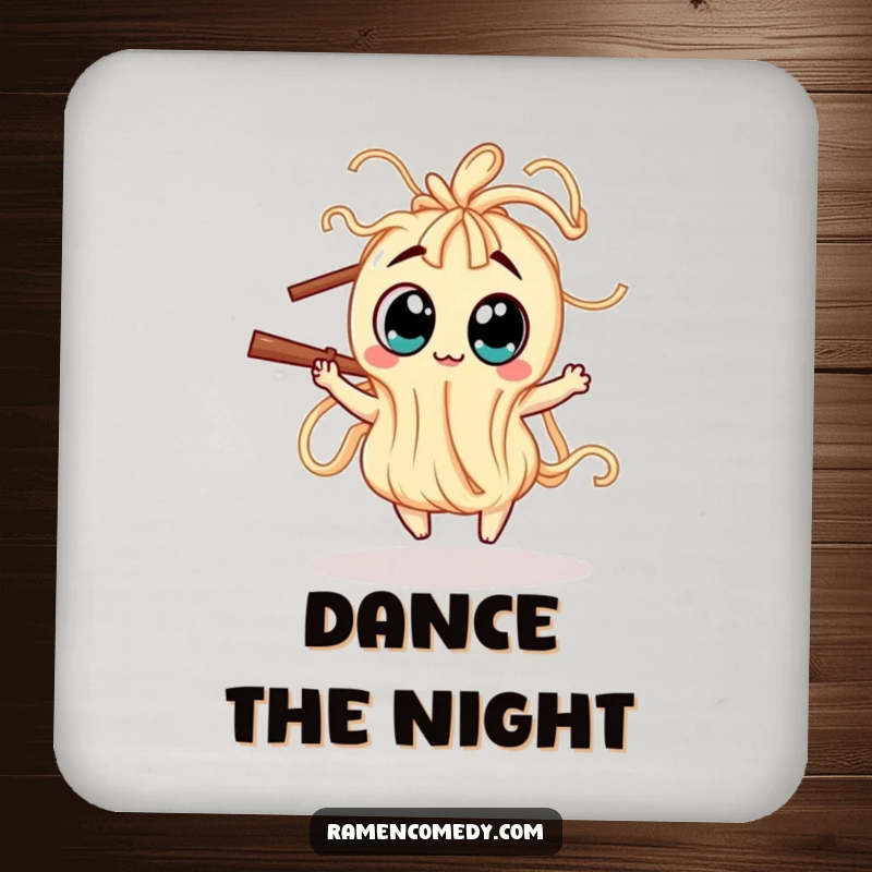 Funny Coaster featuring a wiggly noodle creature dancing around a chopstick, adding humor and protection to any surface.