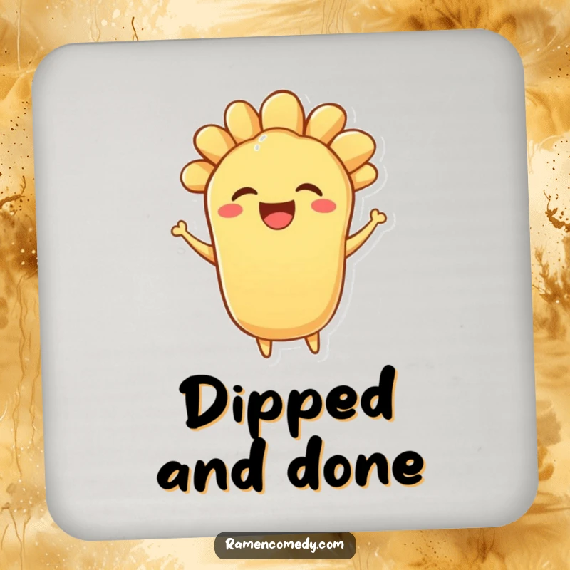 Funny drink coaster featuring a bouncing piece of tempura character with a delighted expression, protecting surfaces with charm.