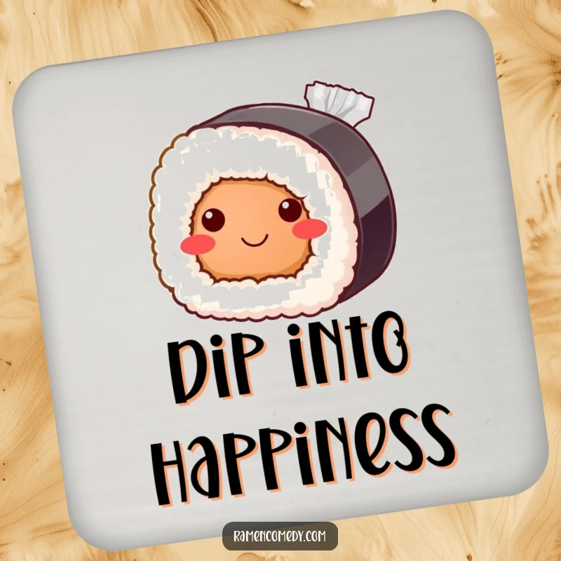 Funny sushi roll coaster, bashful smile peeking from soy sauce packet, cute Japanese food accessory.