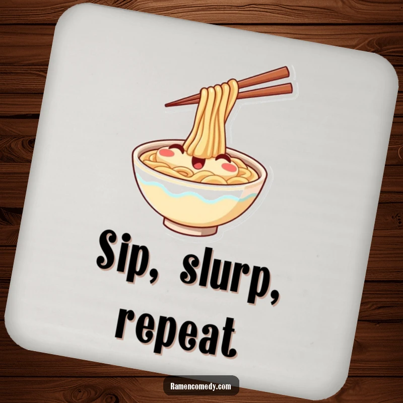 Funny drink coaster featuring a smiling ramen bowl happily waving with chopsticks, adding a touch of culinary cheer.
