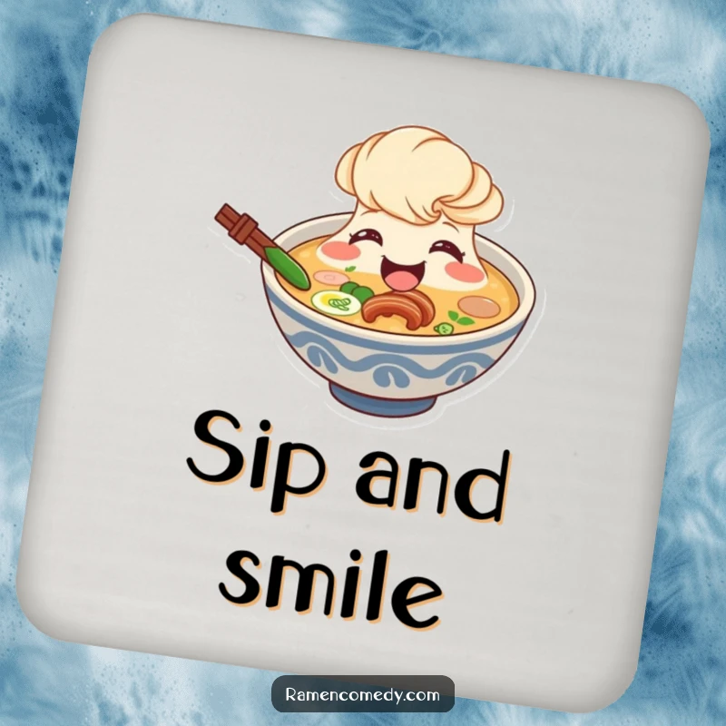 Funny ramen broth coaster, smiling character beaming from bowl, cute soup accessory.