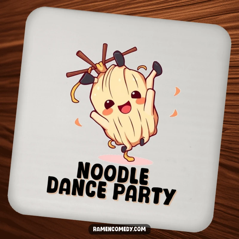Funny ramen noodle character doing a happy somersault on a drink coaster, adding humor to your table.