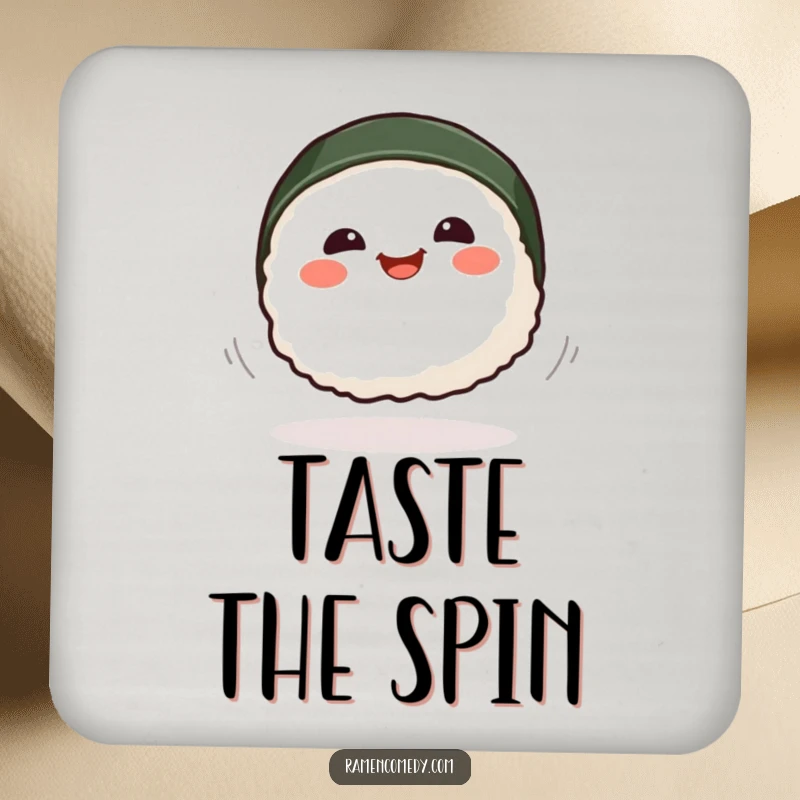 Funny smiling sushi piece spinning playfully, cute cartoon food drink coaster.
