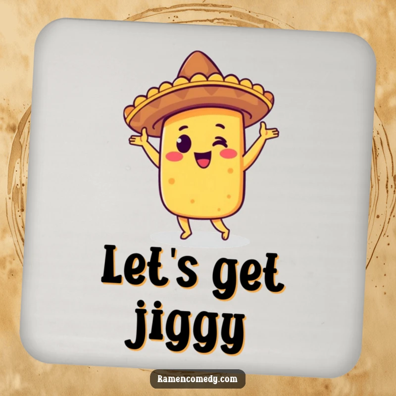 Funny taco jig drink coaster showing a happy taco in a sombrero, dancing joyfully, adding festive flair to any surface.