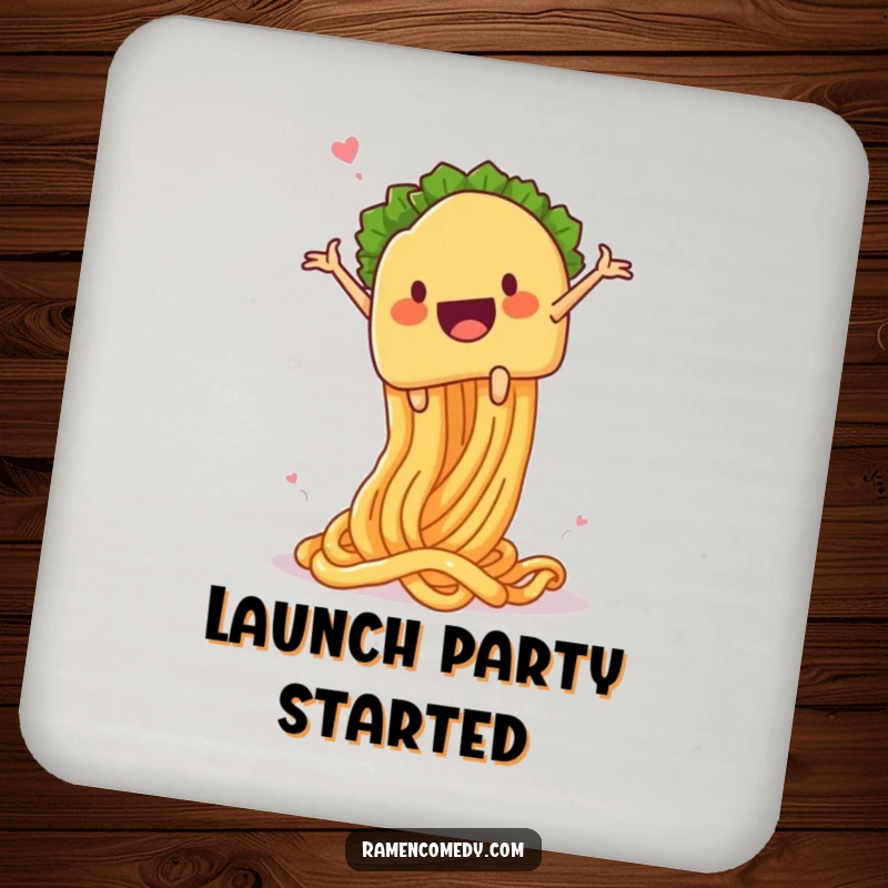 Funny taco noodle launch coaster, a taco character launching from a springy noodle, protecting surfaces with culinary comedy.
