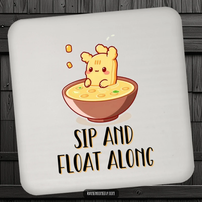 Funny Drink Coasters featuring a piece of tempura happily floating in broth, adding a protective and serene element to tables.
