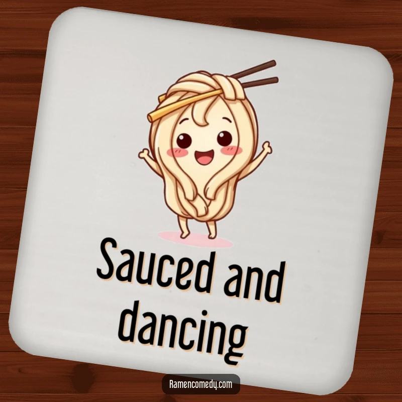 Funny Udon Noodle Coaster: A happy udon noodle character dances with chopsticks, adding food-themed charm to protect surfaces.