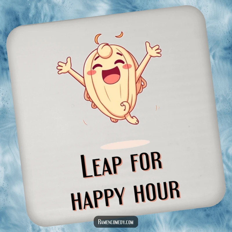 Funny Drink Coaster set decorated with an excited udon noodle character in a joyful leap, offering protection and humor for beverages.