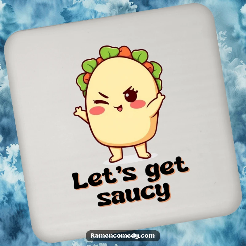 Funny cute taco character posing confidently with a wink, cartoon Mexican food drink coaster.