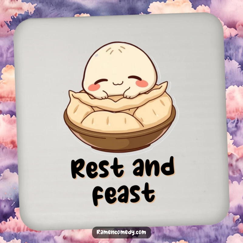 Funny gyoza character with a satisfied smile, napping on a steaming pile, featured on absorbent and decorative drink coasters.