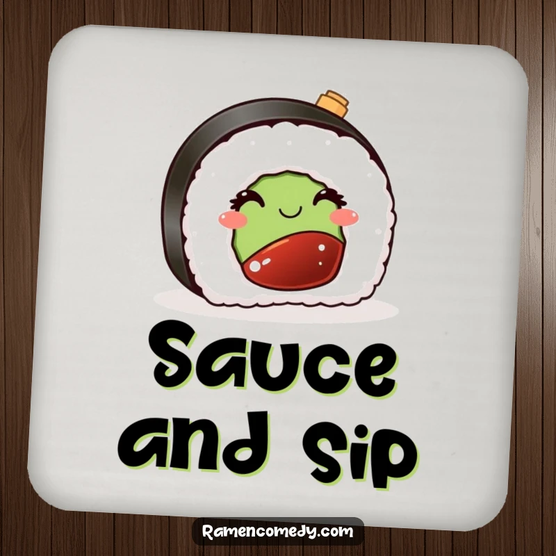 Funny drink coaster featuring a sushi piece winking playfully with a tiny soy sauce bottle, adding a touch of culinary cheer.