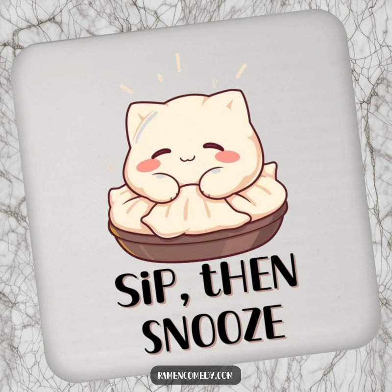 Funny Gyoza Coaster: A happy gyoza character with a satisfied smile naps on a steaming pile, adding cozy foodie charm.