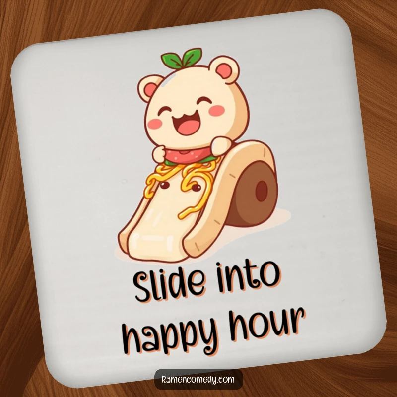 Funny Coaster: A smiling bao bun comically slides down a noodle slide, bringing humor to your drinks.
