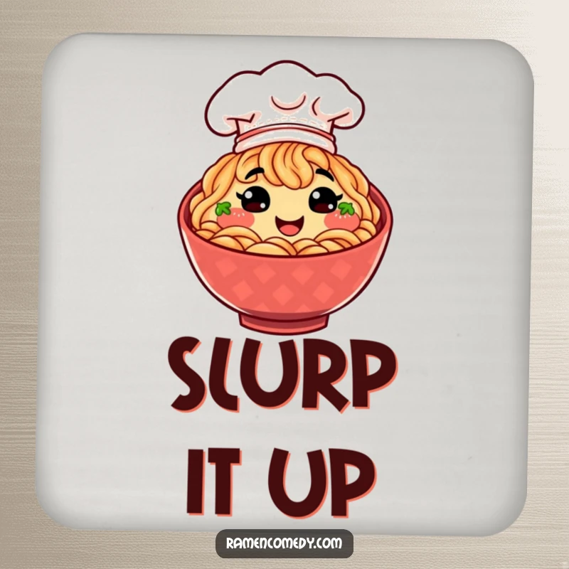 Funny smiling bowl of ramen wearing a tiny chef hat on a protective drink coaster.