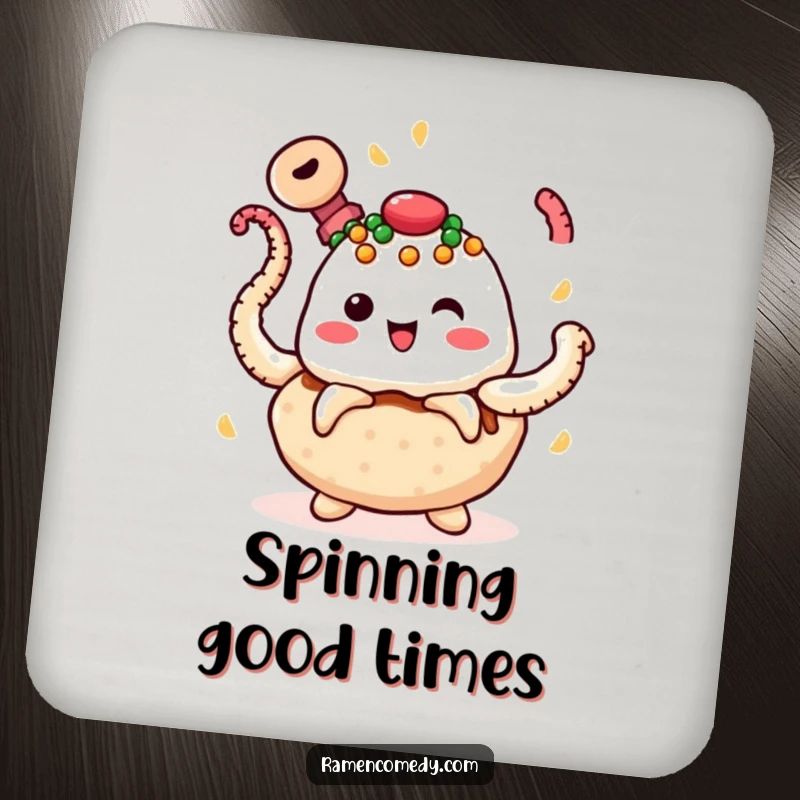 Funny takoyaki coaster depicting a cheerful takoyaki with toppings juggling spinning octopus tentacles, adding playful humor to any setting.