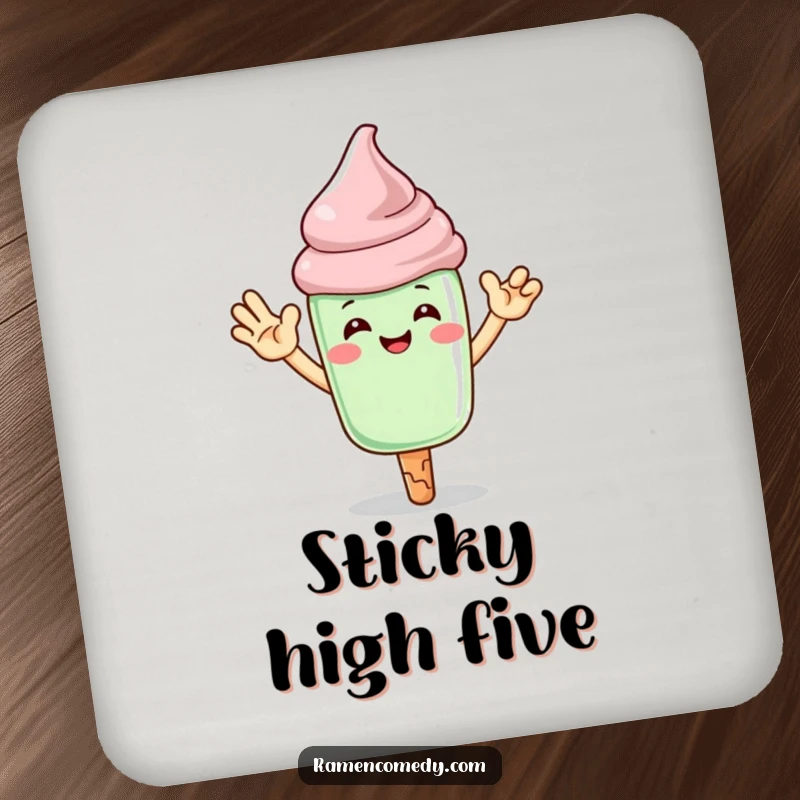Funny matcha ice cream coasters with a character giving a high-five, protecting tables with charm.
