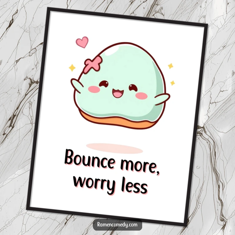 Funny Poster: A piece of mochi comically bounces with glee, creating a whimsical and delightful wall decoration.