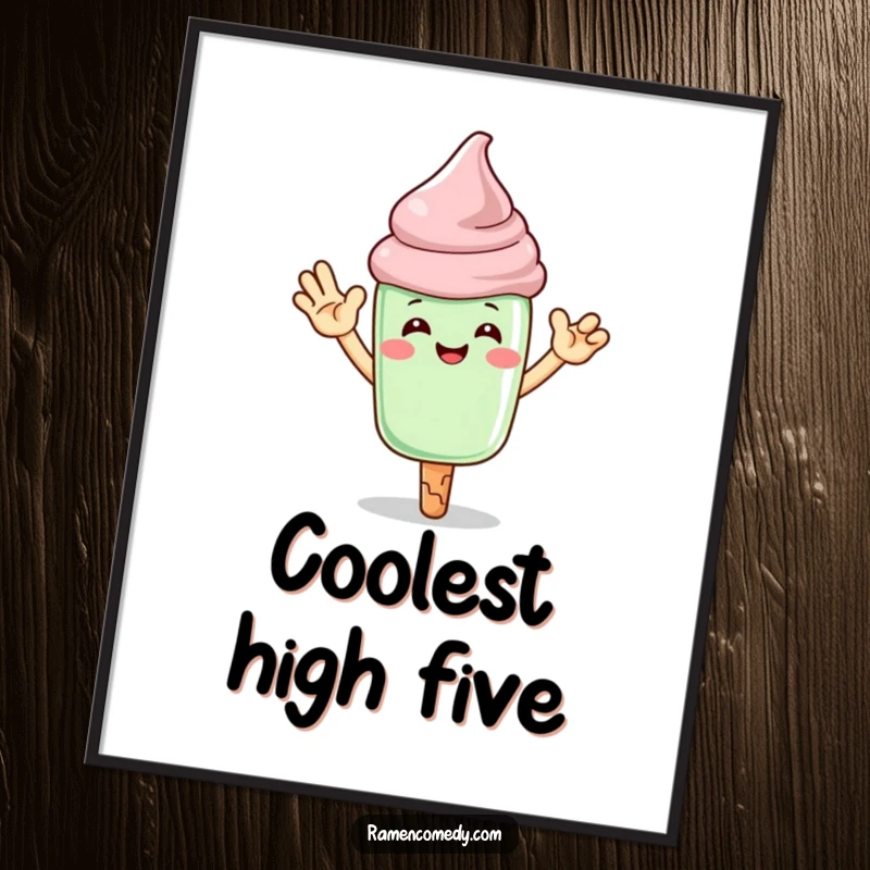 Funny matcha ice cream poster with a grinning character offering a high-five, perfect wall decoration.