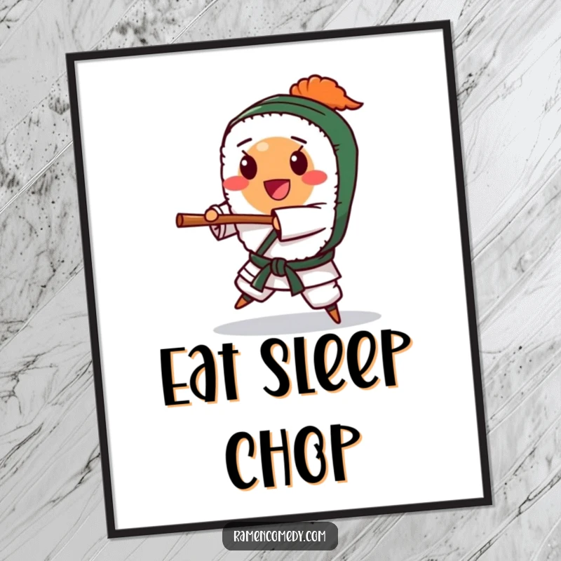 Funny happy sushi roll character performing a karate chop, vibrant poster. Hilarious wall art and funny gift.