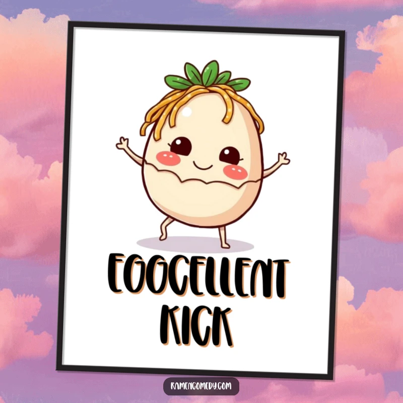 Funny Poster featuring a smiling ramen egg with tiny legs kicking up joyfully, full of playful energy and happiness.
