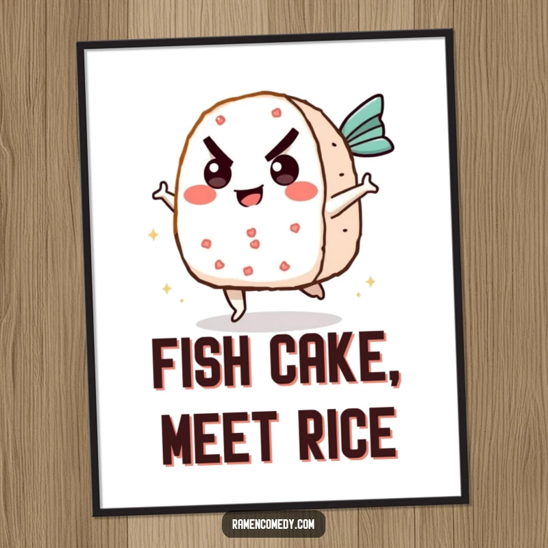 Funny onigiri poster illustrating a tenacious rice ball character executing a flying kick on a startled fish cake, full of action.