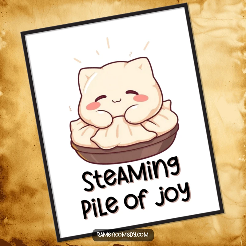 Funny Gyoza Poster: A happy gyoza character with a satisfied smile naps on a steaming pile, bringing cozy food art.