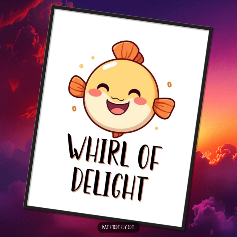 Funny narutomaki poster, cheerful spinning fish cake, cute ramen food art.