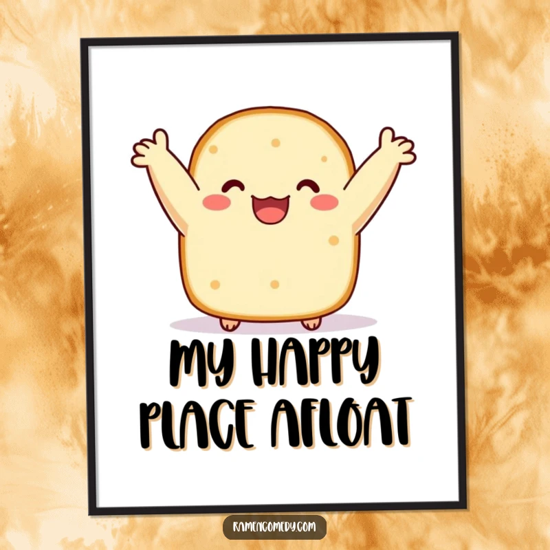 Funny poster print of a smiling sushi nori slice with arms raised high, bobbing cheerfully. Whimsical food-themed wall art.