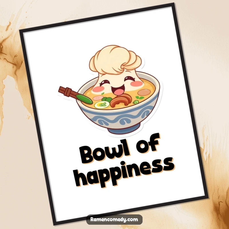 Funny ramen broth poster, smiling character beaming from bowl, cute soup art print.