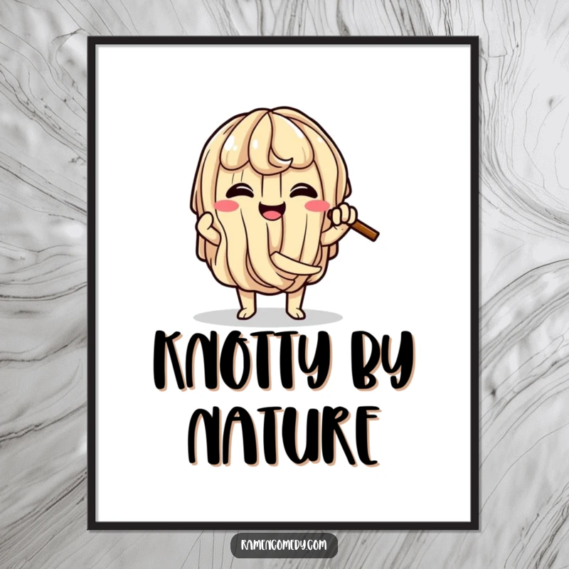 Funny Ramen Knot Poster depicting a happy ramen noodle character comically trying to tie itself into a knot, adding humor.