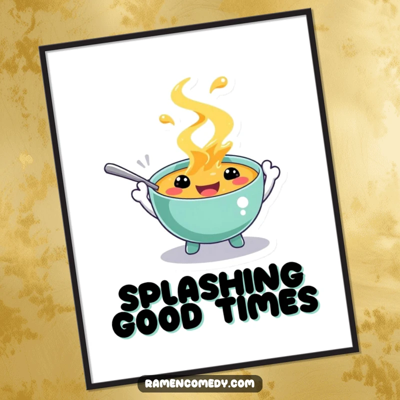 Funny poster art of a cheerful soup character with spoon hands, joyfully splashing. Whimsical and amusing wall decor.