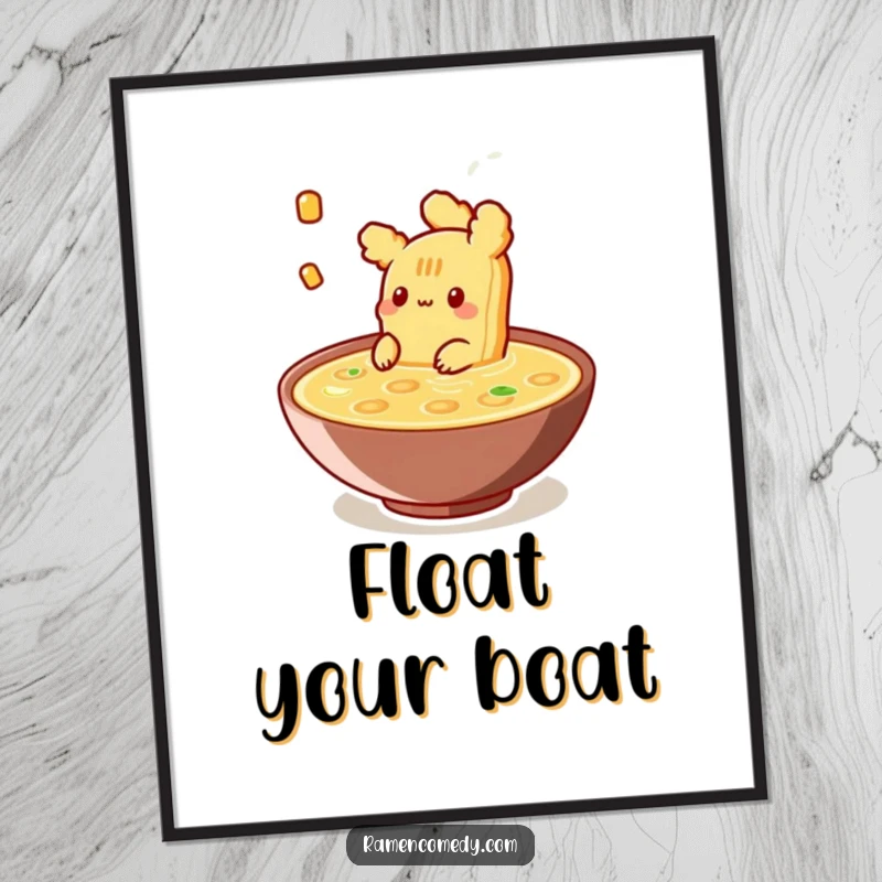Funny Poster featuring a piece of tempura happily floating in broth, perfect for adding a serene and culinary-themed art piece.
