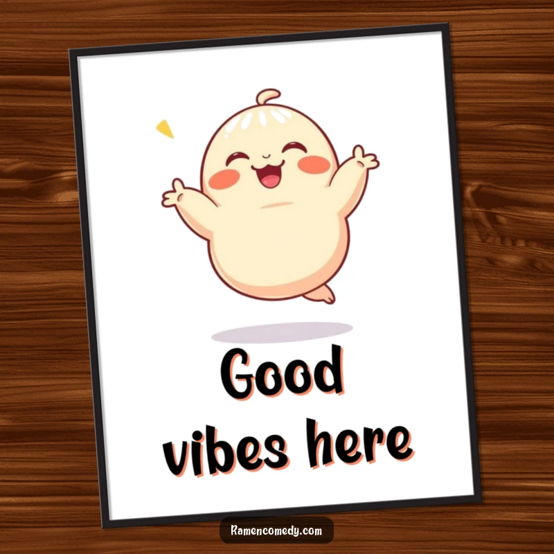 Funny Poster showcasing a jubilant dumpling character in a whimsical dance, adding vibrant, humorous wall art to any room.