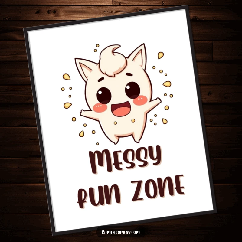 Funny miso soup poster depicting a mischievous character splashing playfully, adding humorous and vibrant art to any room.