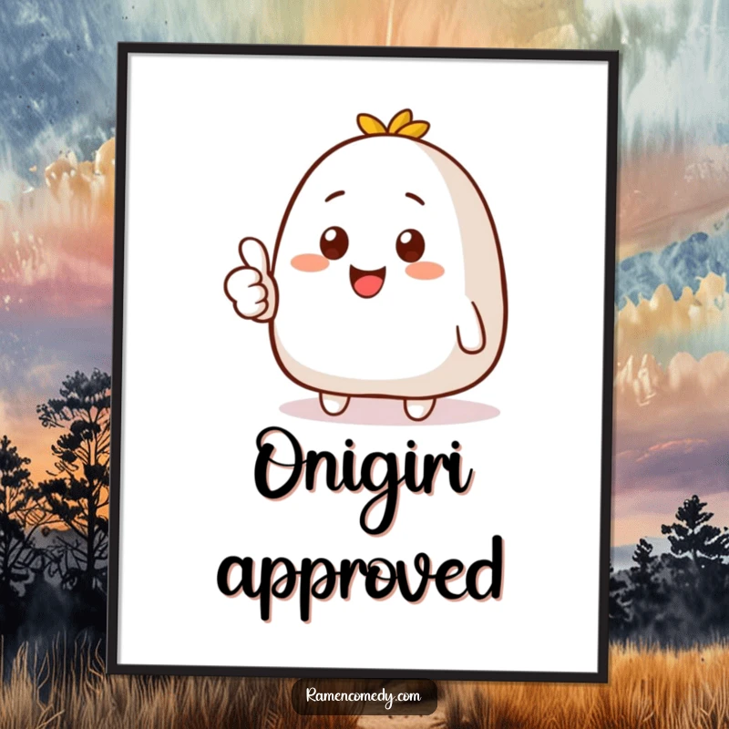 Funny poster print of a cheerful onigiri character with a big smile, giving a clear thumbs up, radiating happiness and approval.