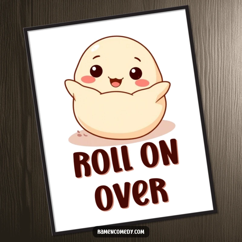 Funny cheerful dumpling rolling joyfully towards the viewer, cute and charming food art poster.
