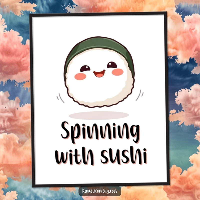 Funny smiling sushi piece in a graceful spin, vibrant and playful food art poster.
