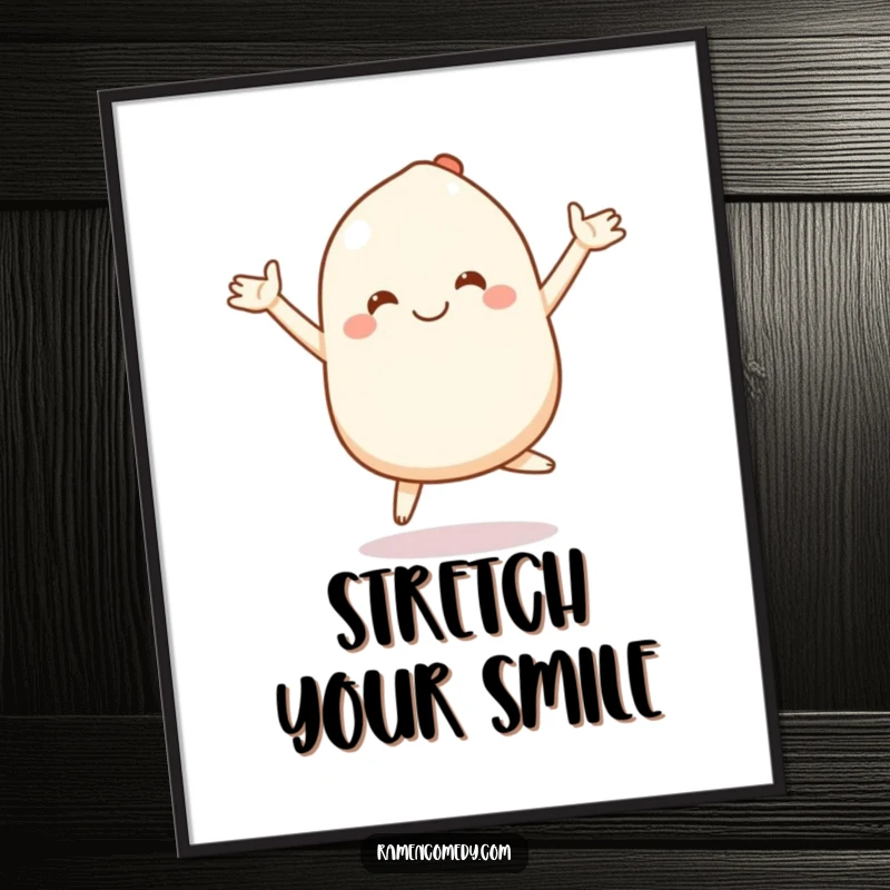 Funny mochi poster depicting a smiling character bouncing with extended stretchy arms, adding cheerful decor.