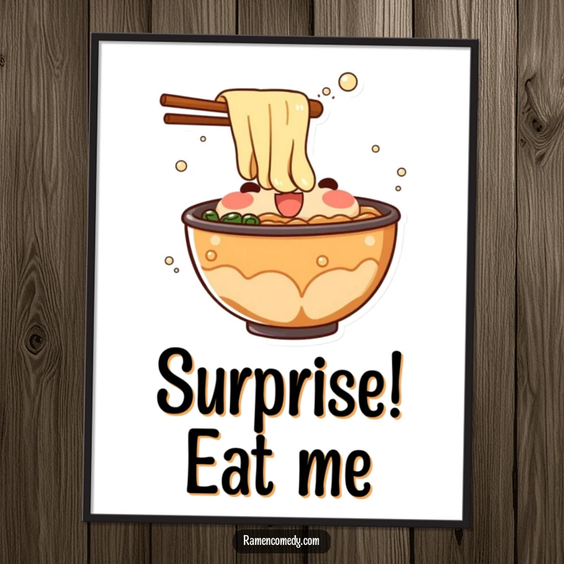 Funny ramen broth poster showing a bubbling liquid character mid-splash, conveying surprise and excitement in a bold artwork.