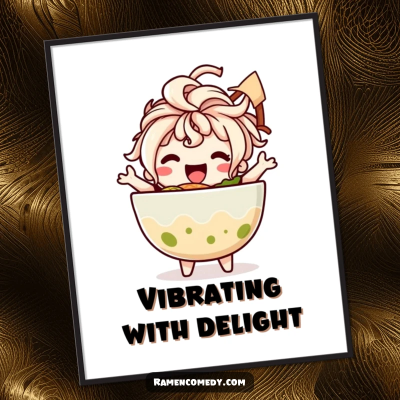 Funny poster showcasing a happy ramen bowl character with flowing noodle hair, dancing joyfully. Perfect wall art.