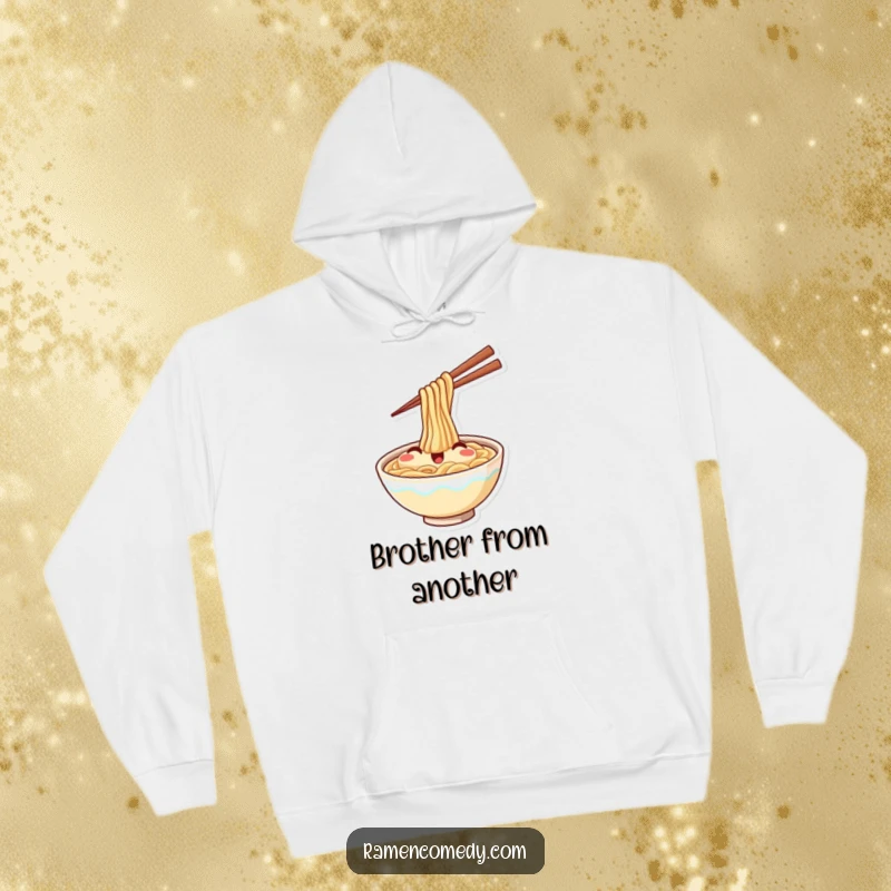 Funny hoodie design of a cheerful ramen bowl joyfully waving with chopsticks, perfect for staying cozy and happy.
