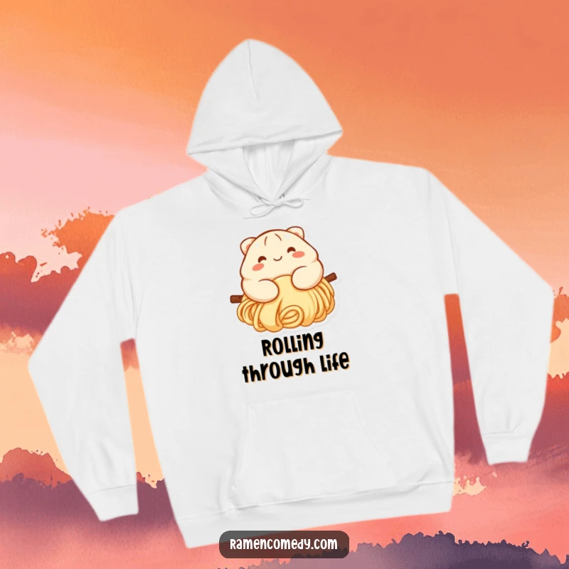 Funny dumpling hoodie with a smiling, rosy-cheeked dumpling character enjoying a smooth slide down a long, delicious noodle.