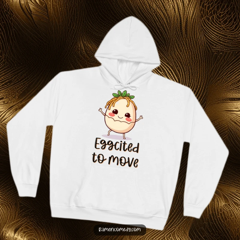 Funny Hoodie featuring a smiling ramen egg with small legs kicking up gleefully, symbolizing happiness and energy.