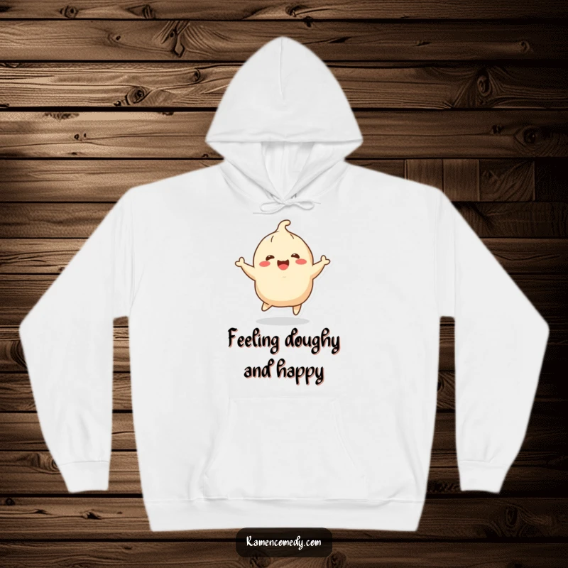 Funny cheerful dumpling character bouncing with excitement, soft hoodie. Great funny gift for dumpling lovers.