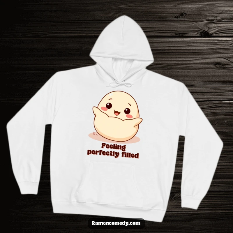 Funny cheerful dumpling rolling happily, warm and cozy cartoon food hoodie.