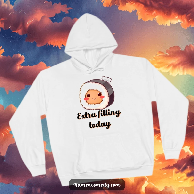 Funny sushi roll hoodie, bashful smiling character peeking from soy sauce packet, cute Japanese food design.
