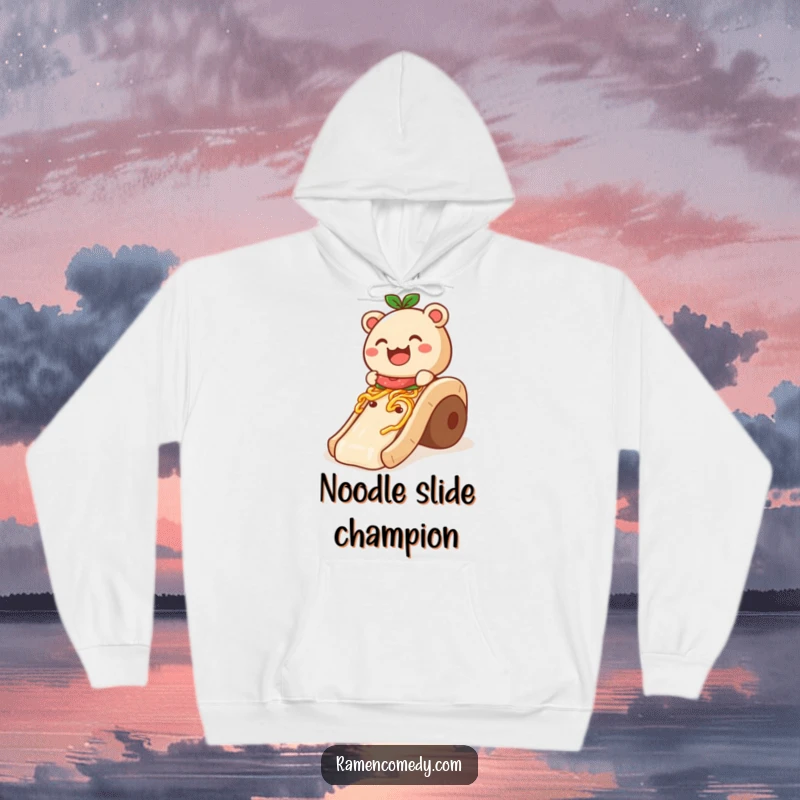 Funny Hoodie: A smiling bao bun slides down a noodle slide, offering cozy comfort and humorous delight.
