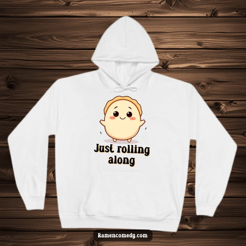Funny gyoza hoodie with a happy character rolling merrily, offering cozy warmth and humorous vibes.