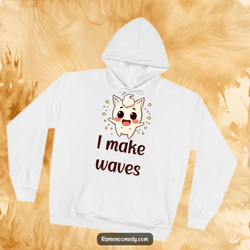 Funny miso soup hoodie featuring a mischievous character splashing playfully, providing warmth and humorous comfort.